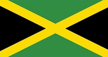 Country flag of Jamaica, featuring a diagonal gold cross dividing the flag into four triangles: the top and bottom triangles are green, and the left and right triangles are black.